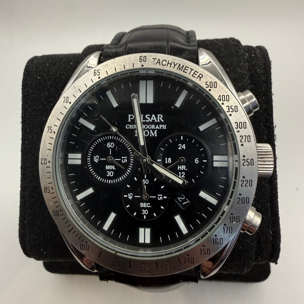 Pulsar Chronograph 100M Black Dial Men's Watch Black Leather Strap 49mm (Fully Tested and Working)- £55.00