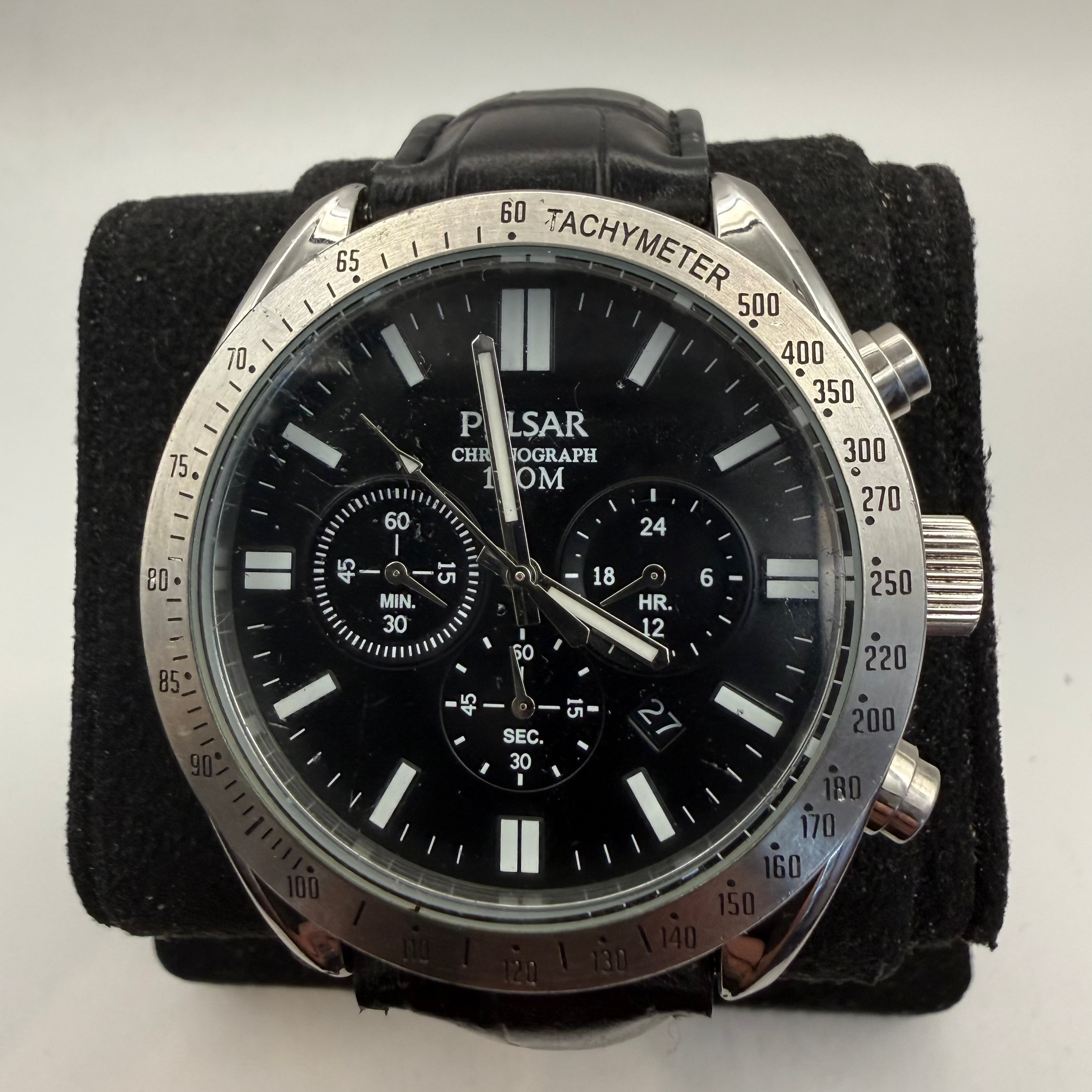 Pulsar Chronograph 100M Black Dial Men's Watch Black Leather Strap 49mm (Fully Tested and Working)- £55.00