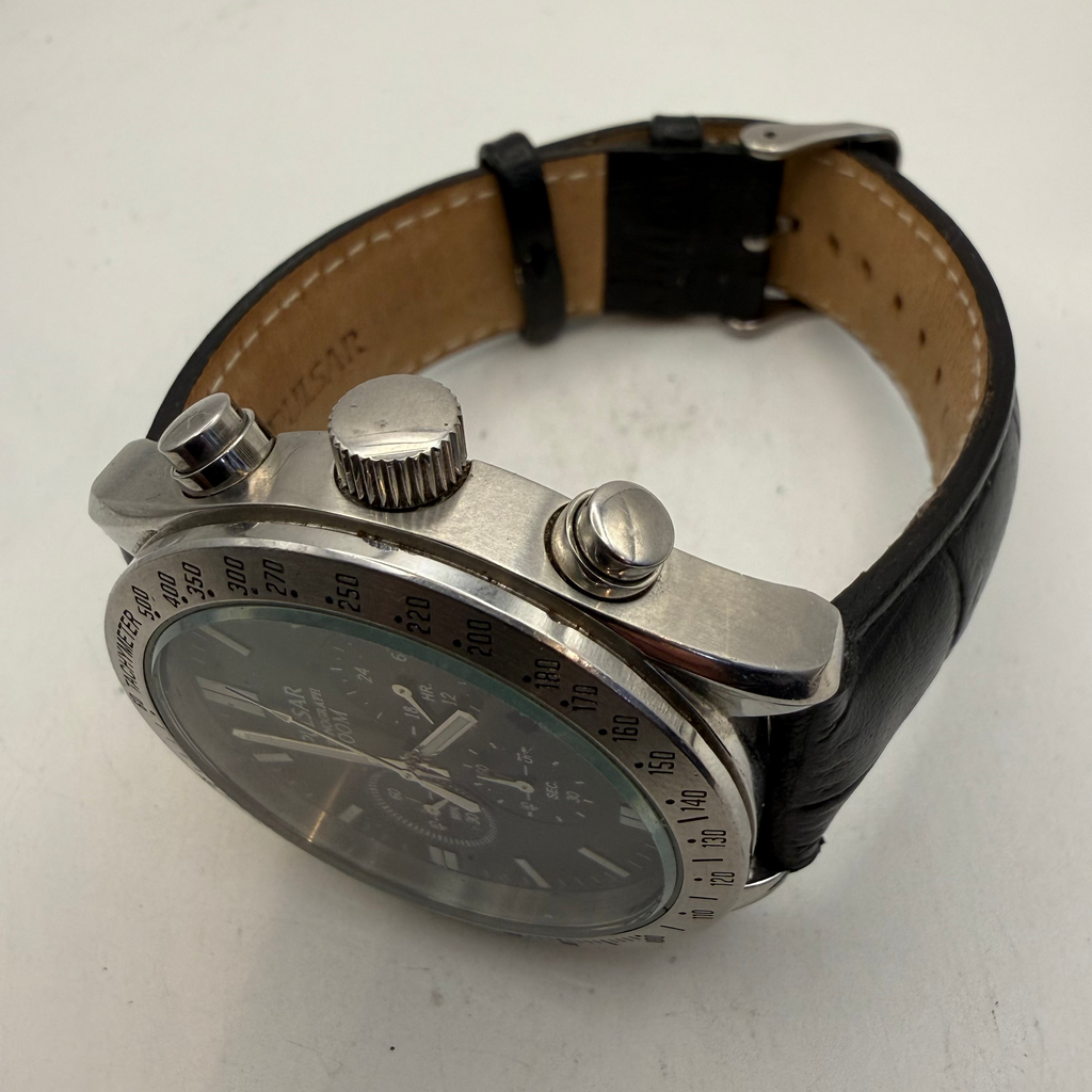 Pulsar Chronograph 100M Black Dial Men's Watch Black Leather Strap 49mm (Fully Tested and Working)- £55.00