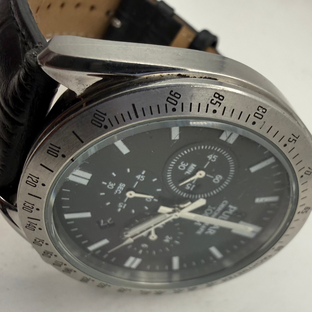 Pulsar Chronograph 100M Black Dial Men's Watch Black Leather Strap 49mm (Fully Tested and Working)- £55.00