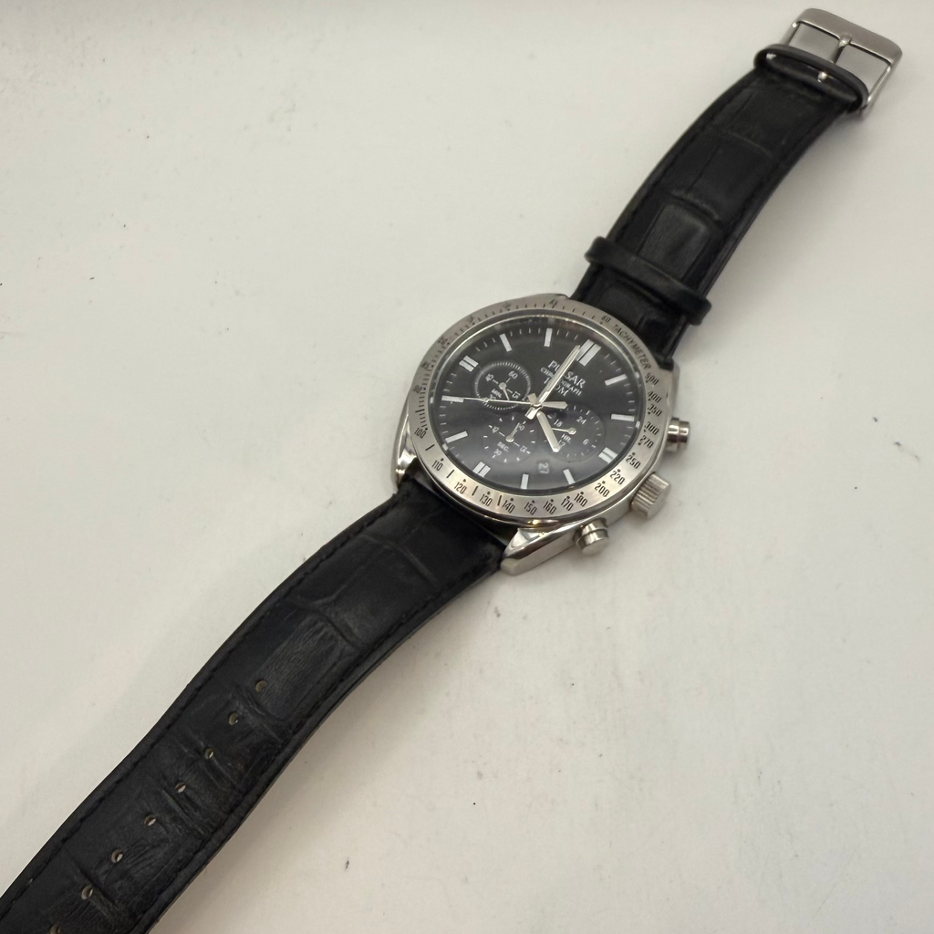 Pulsar Chronograph 100M Black Dial Men's Watch Black Leather Strap 49mm (Fully Tested and Working)- £55.00