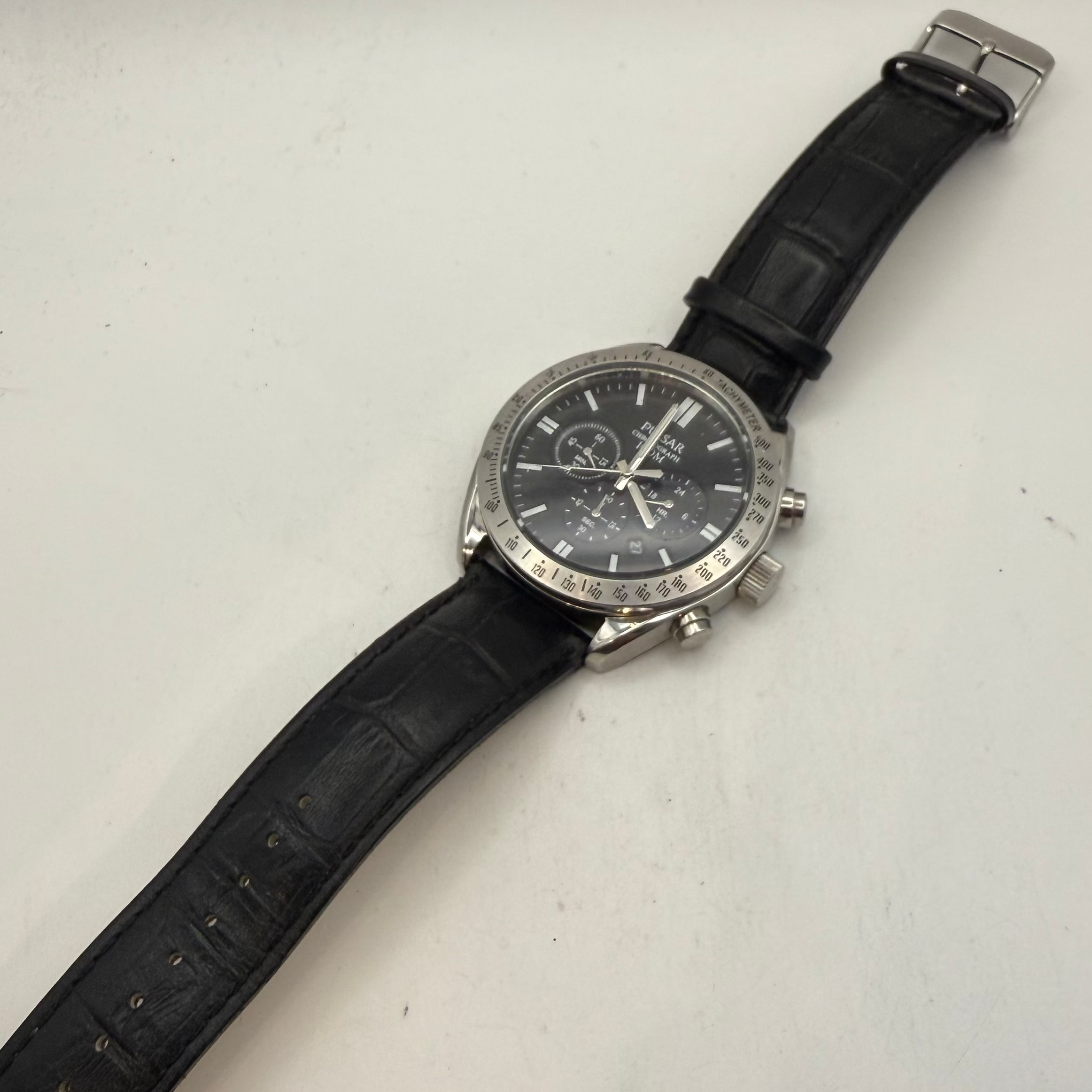 Pulsar Chronograph 100M Black Dial Men's Watch Black Leather Strap 49mm (Fully Tested and Working)- £55.00