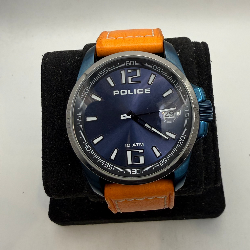 Police Men's Blue Dial Date Watch Orange Leather Strap 49mm