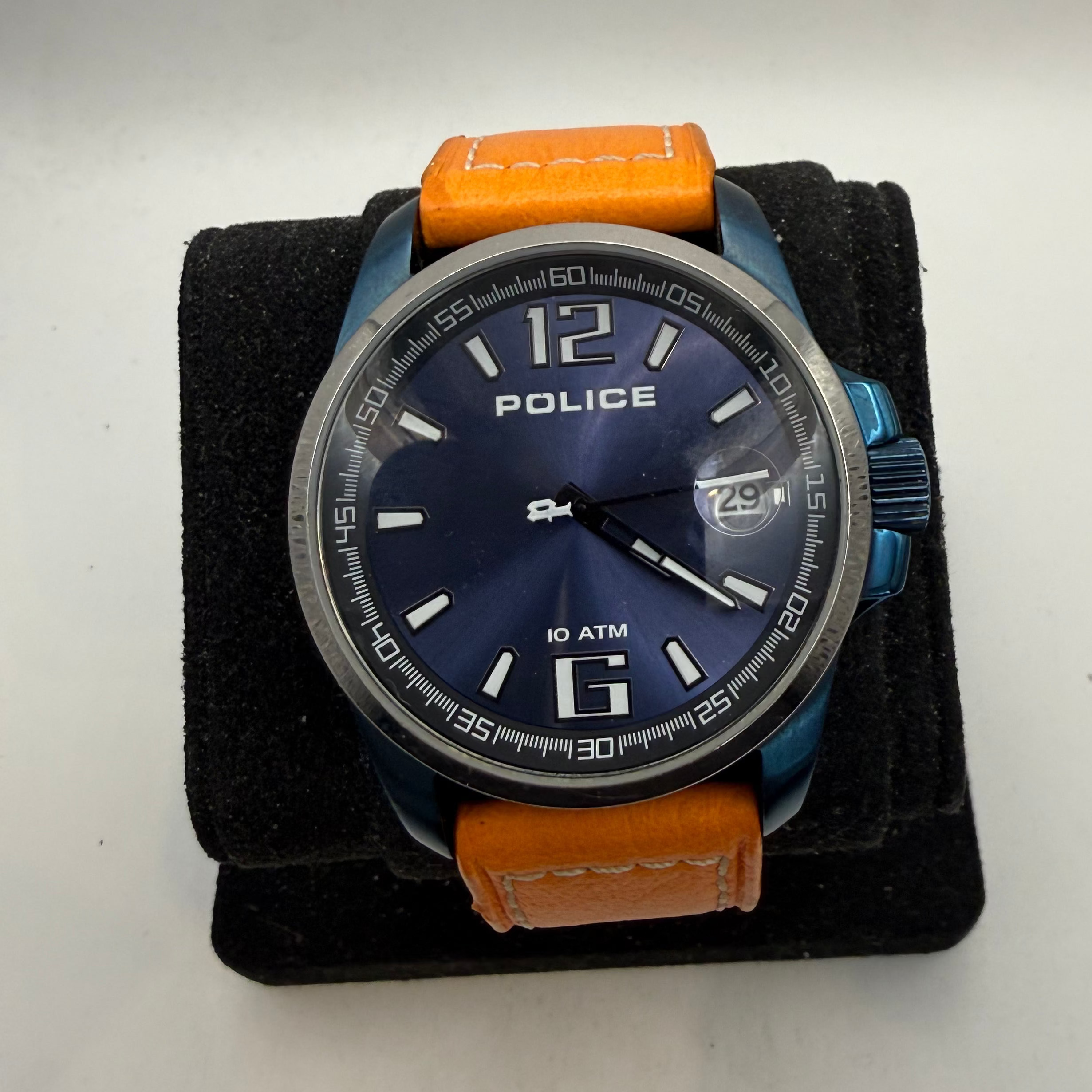 Police Men's Blue Dial Date Watch Orange Leather Strap 49mm