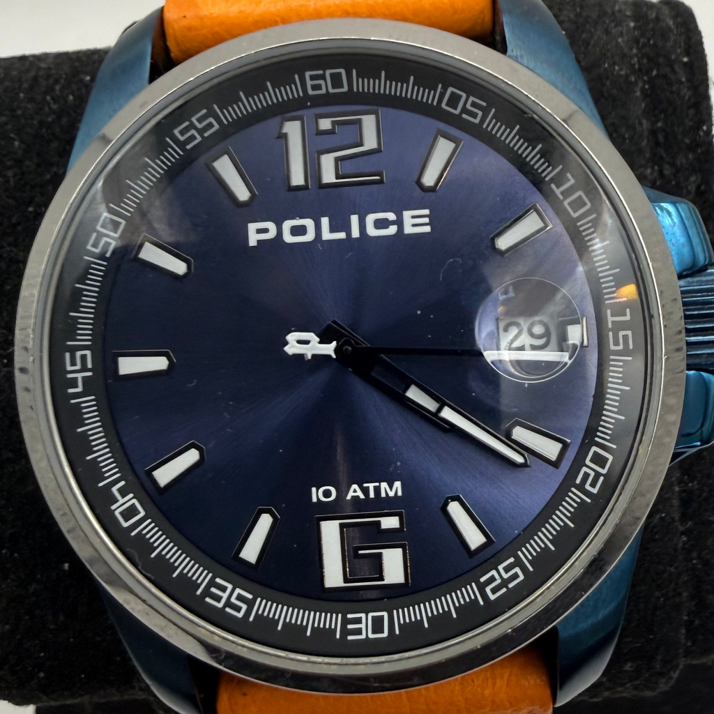 Police Men's Blue Dial Date Watch Orange Leather Strap 49mm