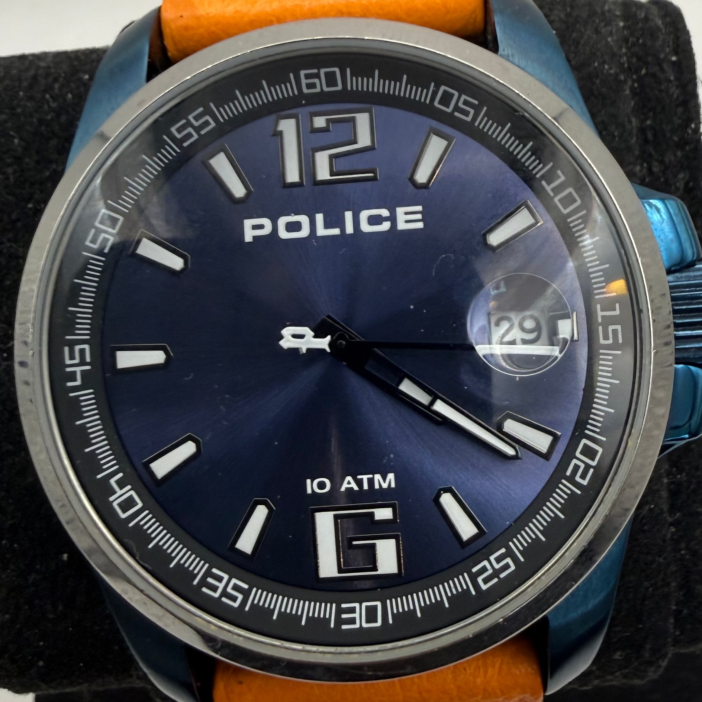 Police Men's Blue Dial Date Watch Orange Leather Strap 49mm