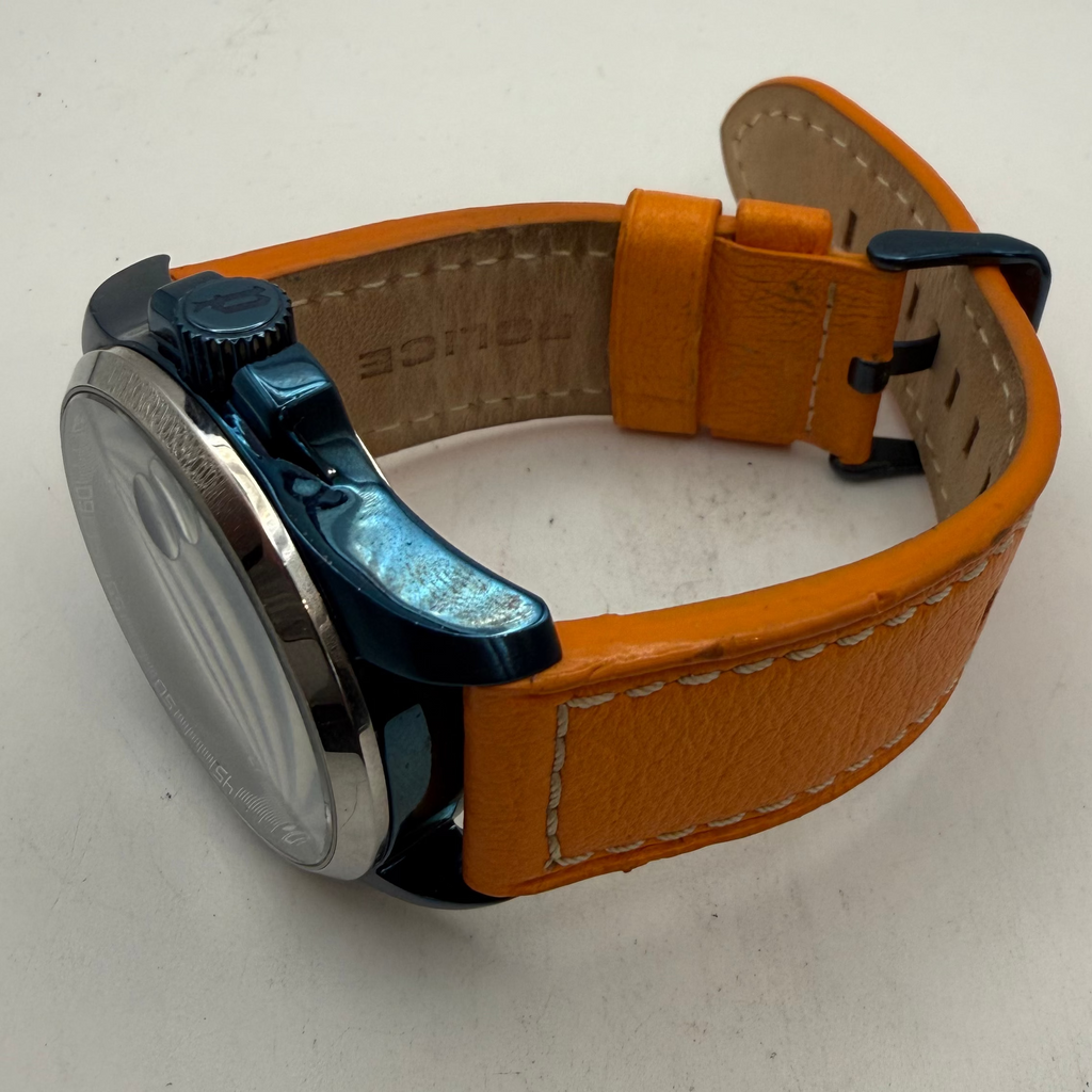 Police Men's Blue Dial Date Watch Orange Leather Strap 49mm