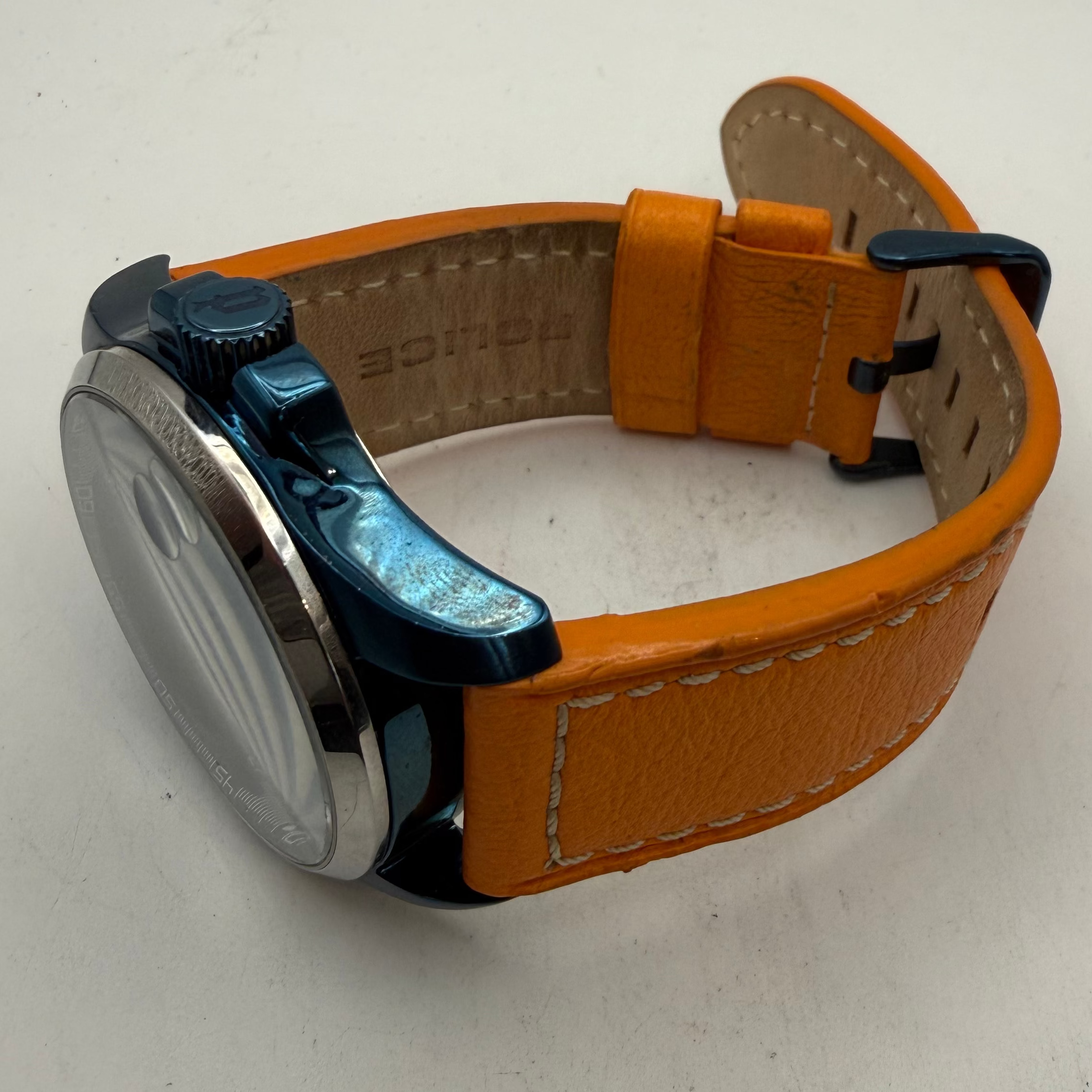 Police Men's Blue Dial Date Watch Orange Leather Strap 49mm