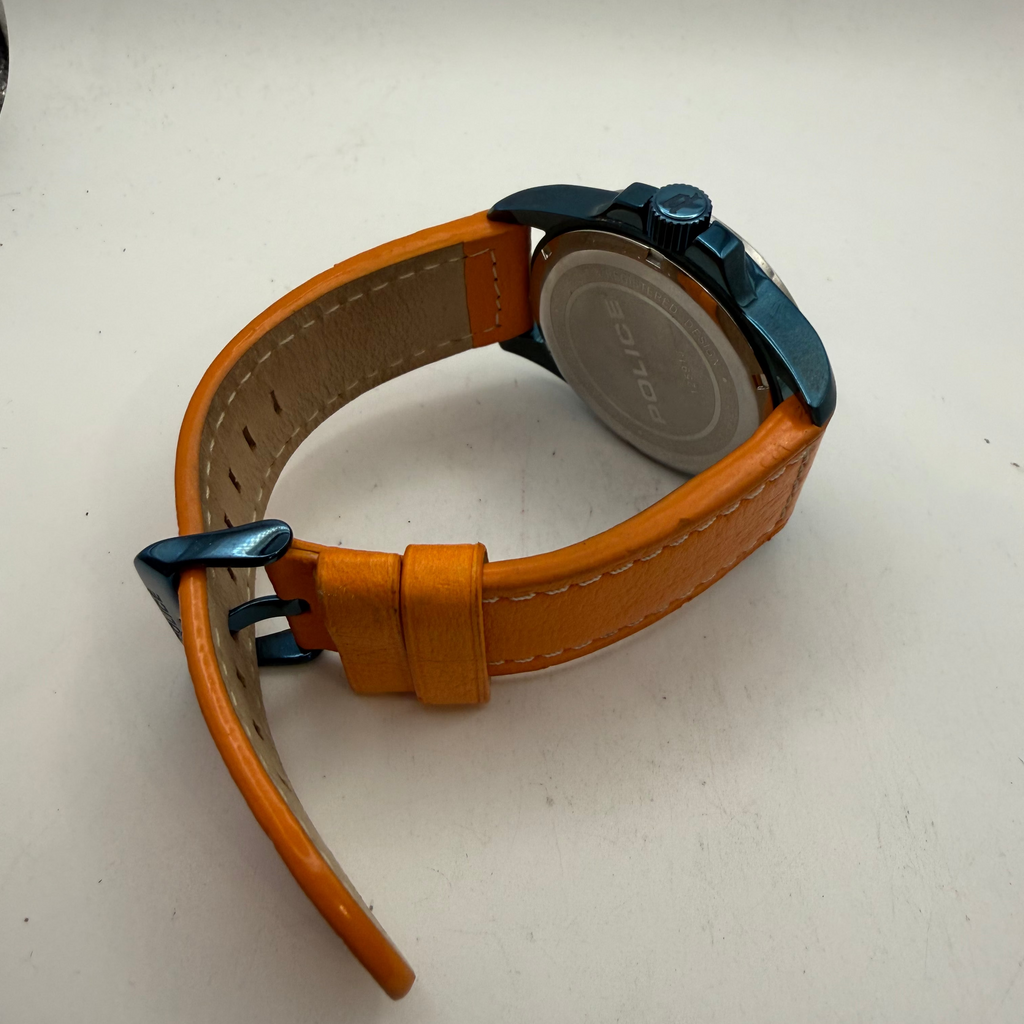 Police Men's Blue Dial Date Watch Orange Leather Strap 49mm