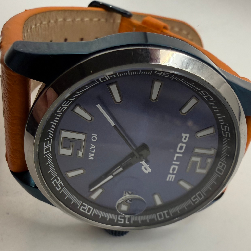 Police Men's Blue Dial Date Watch Orange Leather Strap 49mm