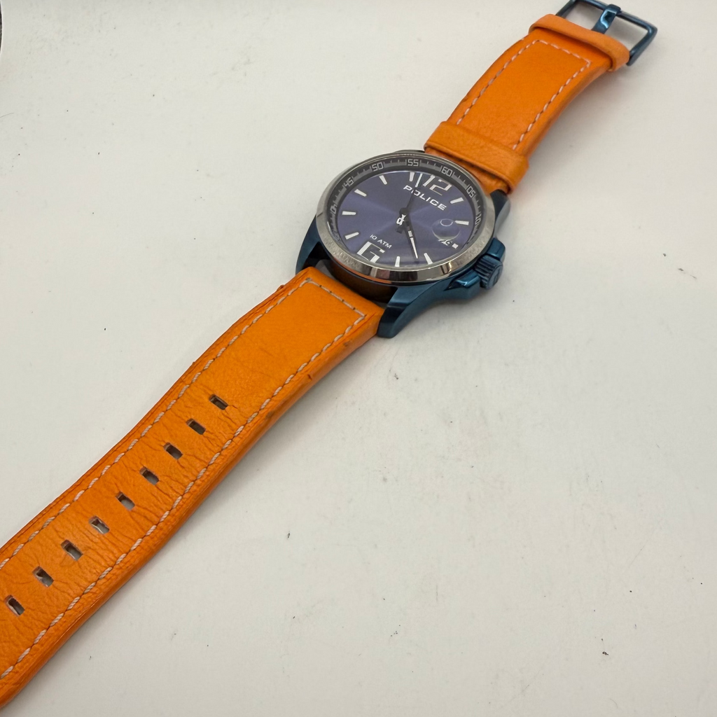 Police Men's Blue Dial Date Watch Orange Leather Strap 49mm