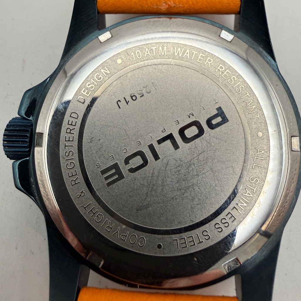Police Men's Blue Dial Date Watch Orange Leather Strap 49mm