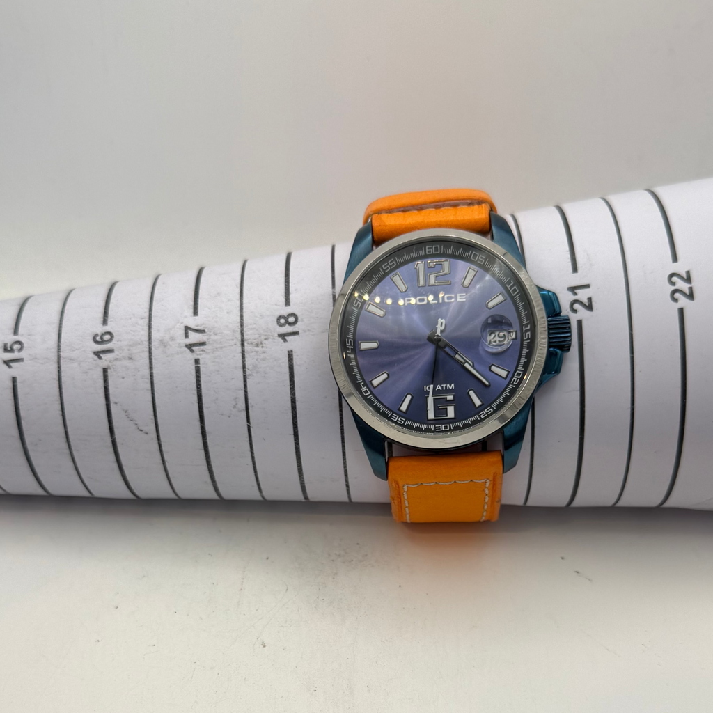 Police Men's Blue Dial Date Watch Orange Leather Strap 49mm