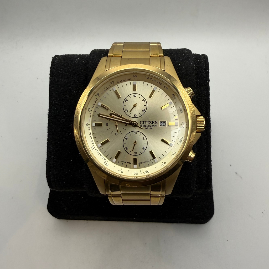 Citizen Chronograph Gold Tone WR100 Tachymeter Bracelet Watch 47mm (Fully Tested and Working)- £100.00