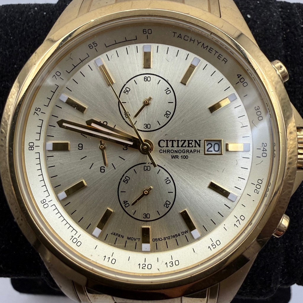 Citizen Chronograph Gold Tone WR100 Tachymeter Bracelet Watch 47mm (Fully Tested and Working)- £100.00