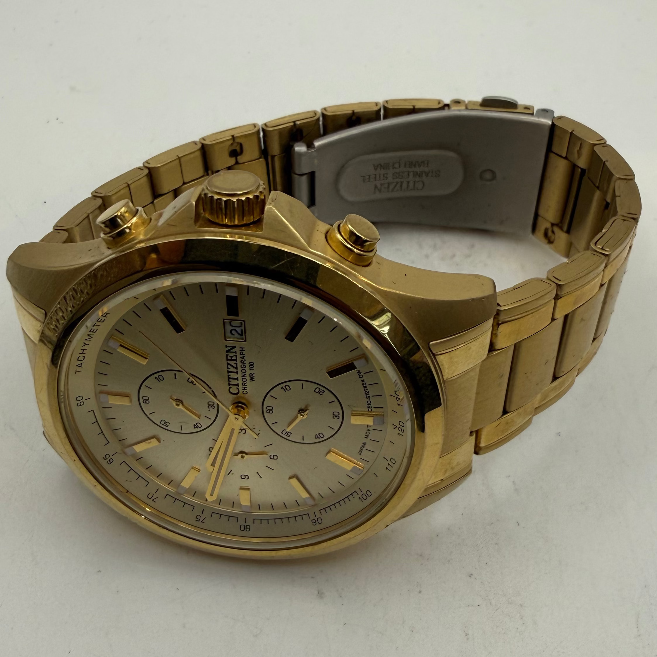 Citizen Chronograph Gold Tone WR100 Tachymeter Bracelet Watch 47mm (Fully Tested and Working)- £100.00