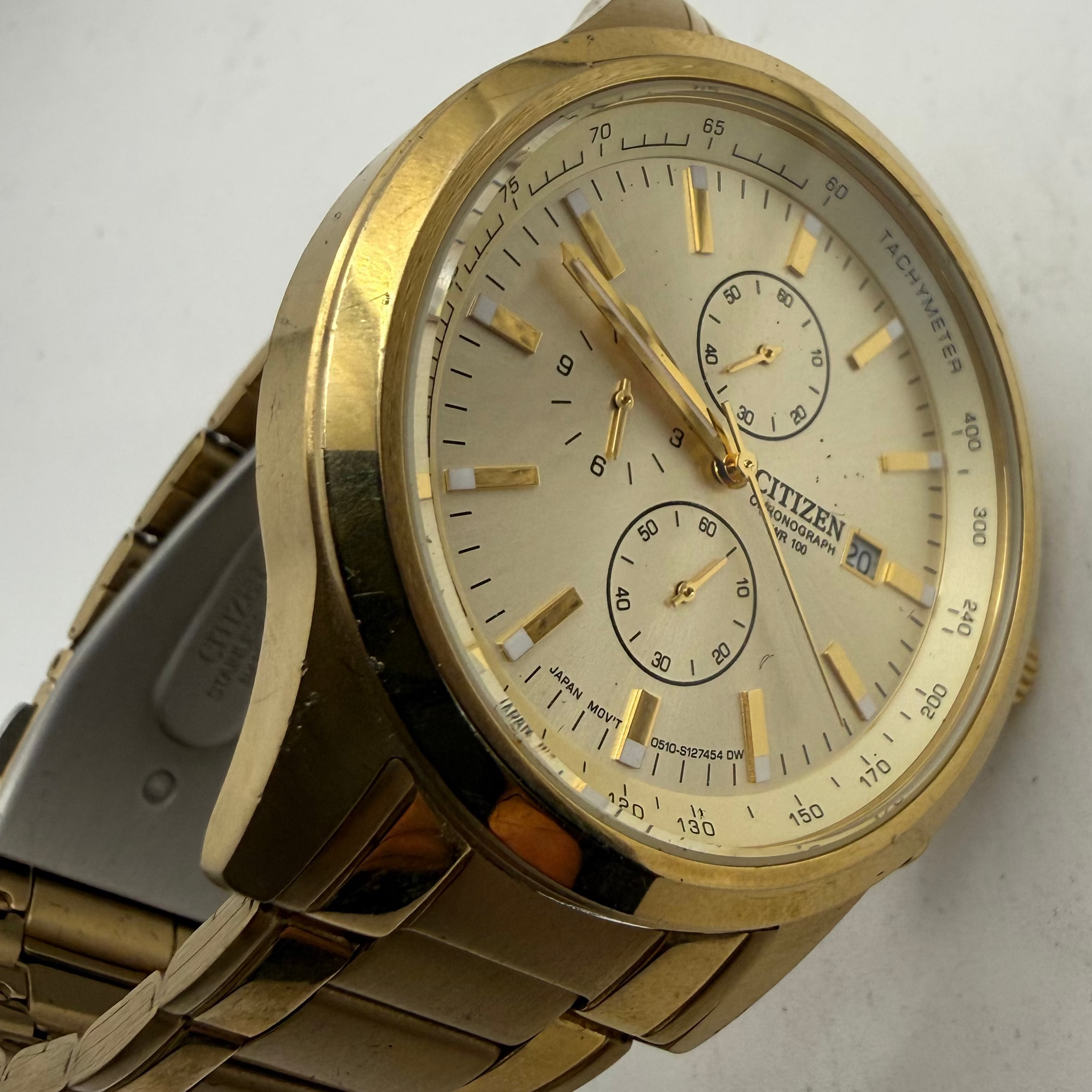 Citizen Chronograph Gold Tone WR100 Tachymeter Bracelet Watch 47mm (Fully Tested and Working)- £100.00