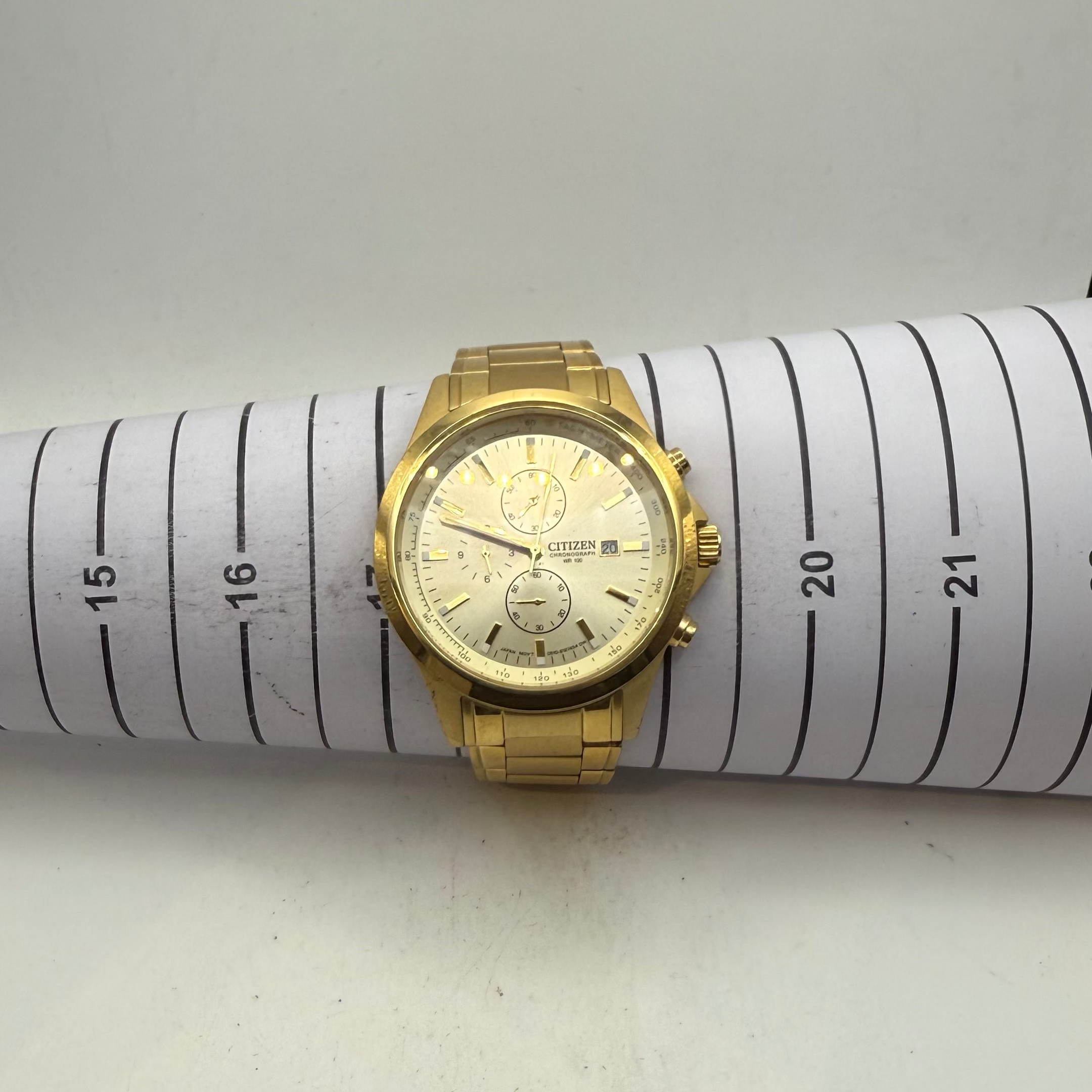 Citizen Chronograph Gold Tone WR100 Tachymeter Bracelet Watch 47mm (Fully Tested and Working)- £100.00