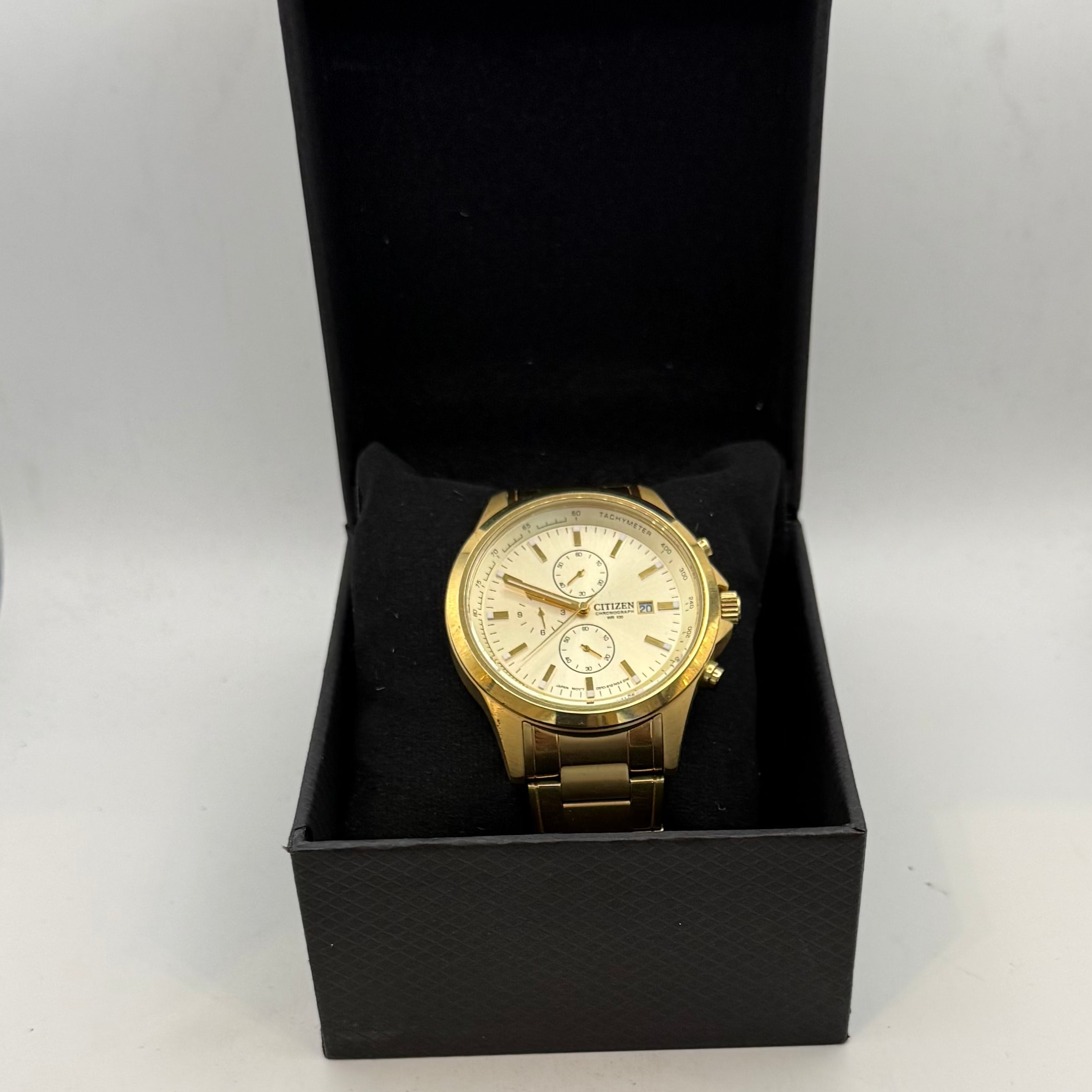 Citizen Chronograph Gold Tone WR100 Tachymeter Bracelet Watch 47mm (Fully Tested and Working)- £100.00