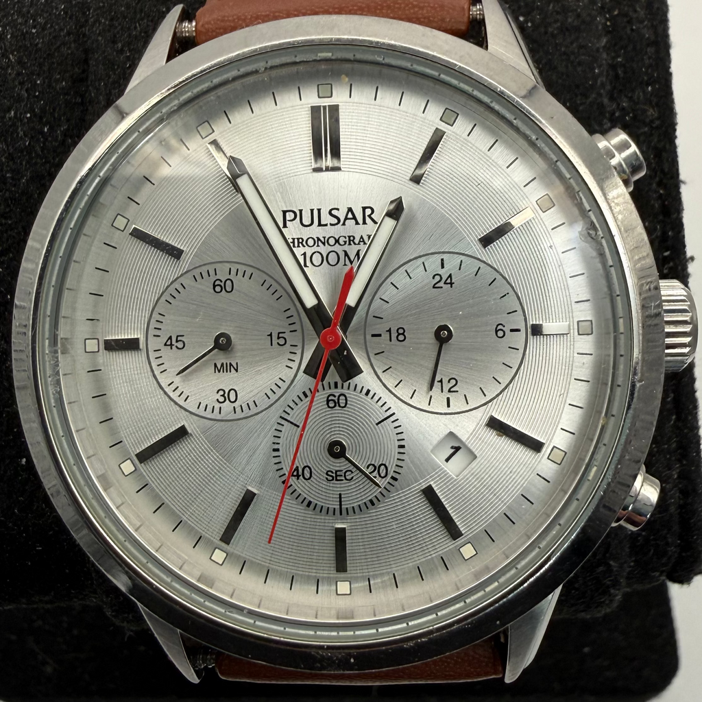 Pulsar Chronograph 100M Men's Quartz Watch Brown Leather Strap (Fully Tested and Working)- £