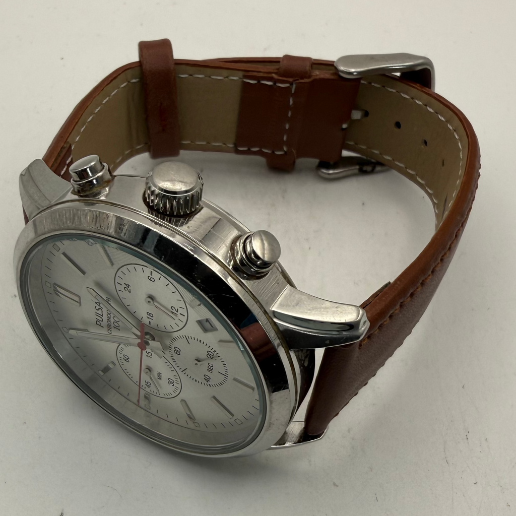 Pulsar Chronograph 100M Men's Quartz Watch Brown Leather Strap (Fully Tested and Working)- £