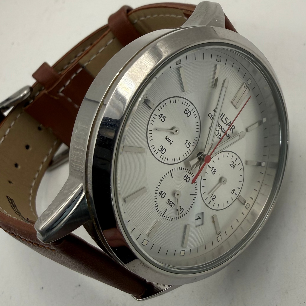Pulsar Chronograph 100M Men's Quartz Watch Brown Leather Strap (Fully Tested and Working)- £