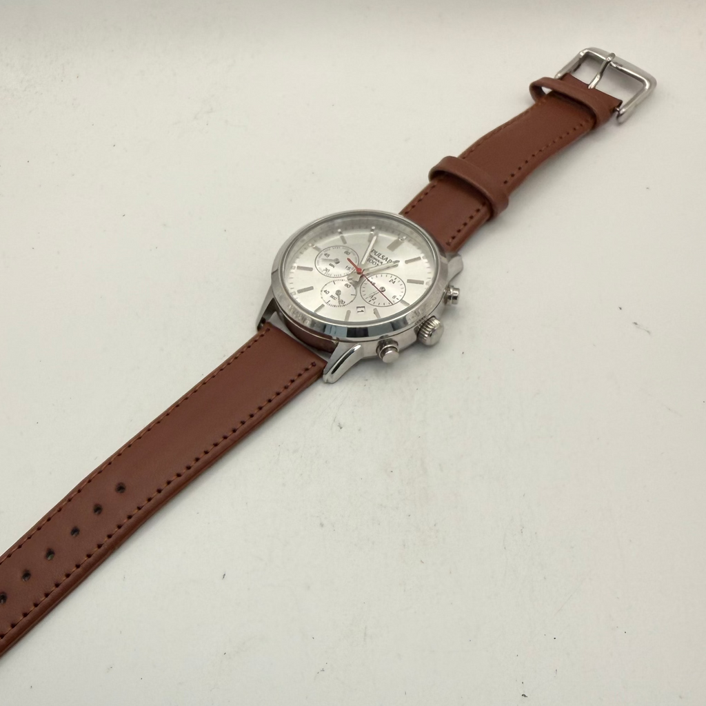 Pulsar Chronograph 100M Men's Quartz Watch Brown Leather Strap (Fully Tested and Working)- £