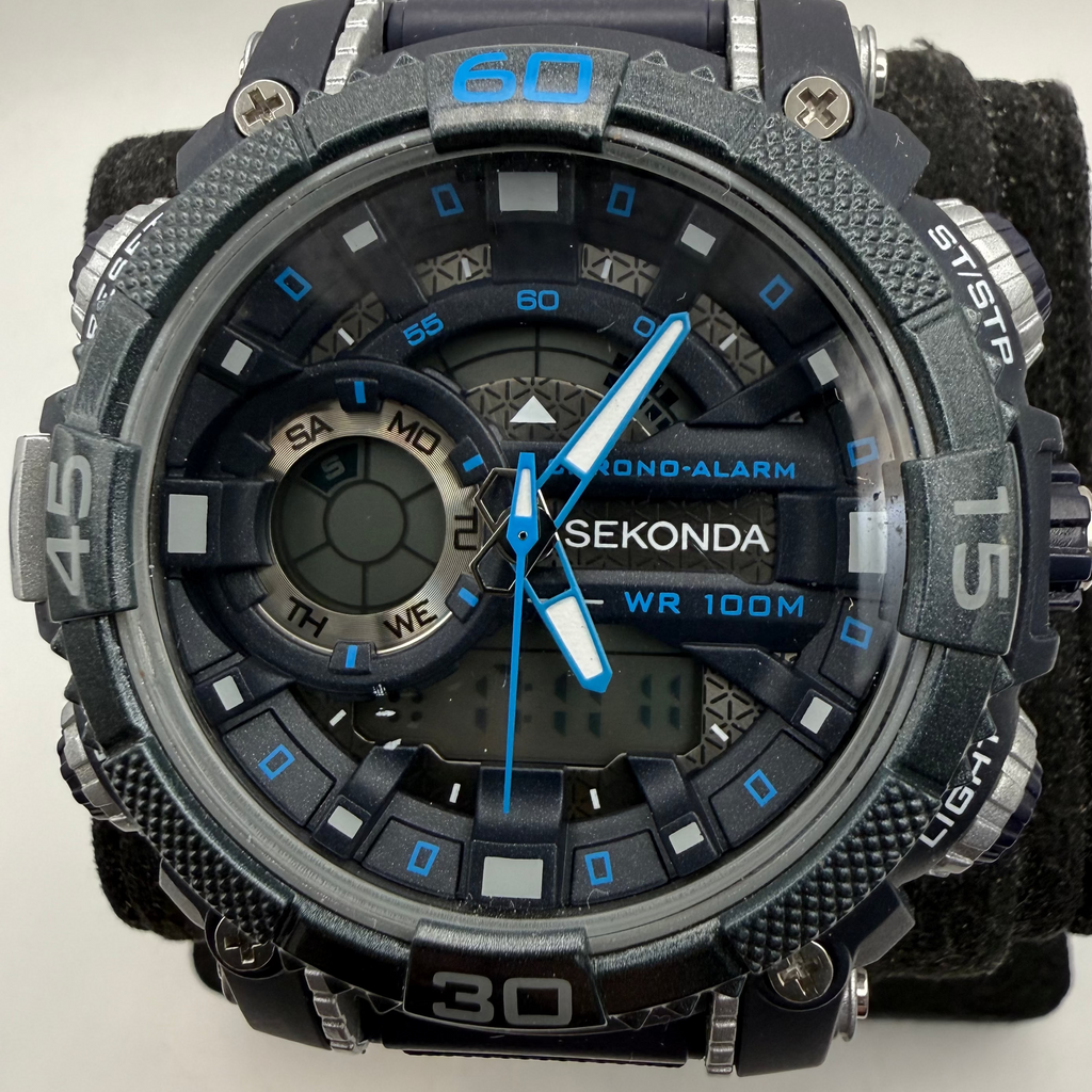 Sekonda Chrono-Alarm WR100M Ana-Digi Men's Watch Black Blue 30167 (Fully Tested and Working)- £40.00