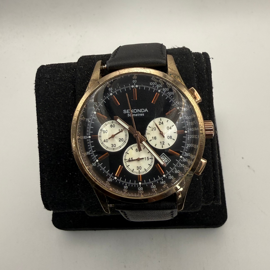 Sekonda Men's Chronograph Rose Gold Tone Black Dial Watch 46mm New Strap (Fully Tested and Working)- £45.00