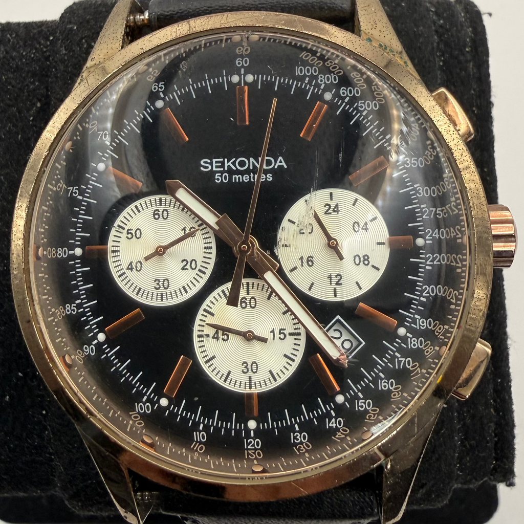 Sekonda Men's Chronograph Rose Gold Tone Black Dial Watch 46mm New Strap (Fully Tested and Working)- £45.00