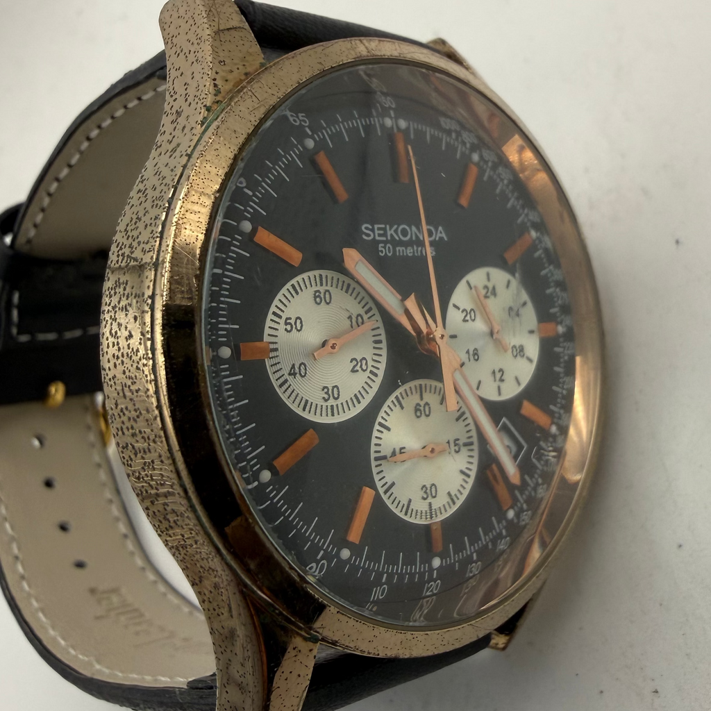 Sekonda Men's Chronograph Rose Gold Tone Black Dial Watch 46mm New Strap (Fully Tested and Working)- £45.00