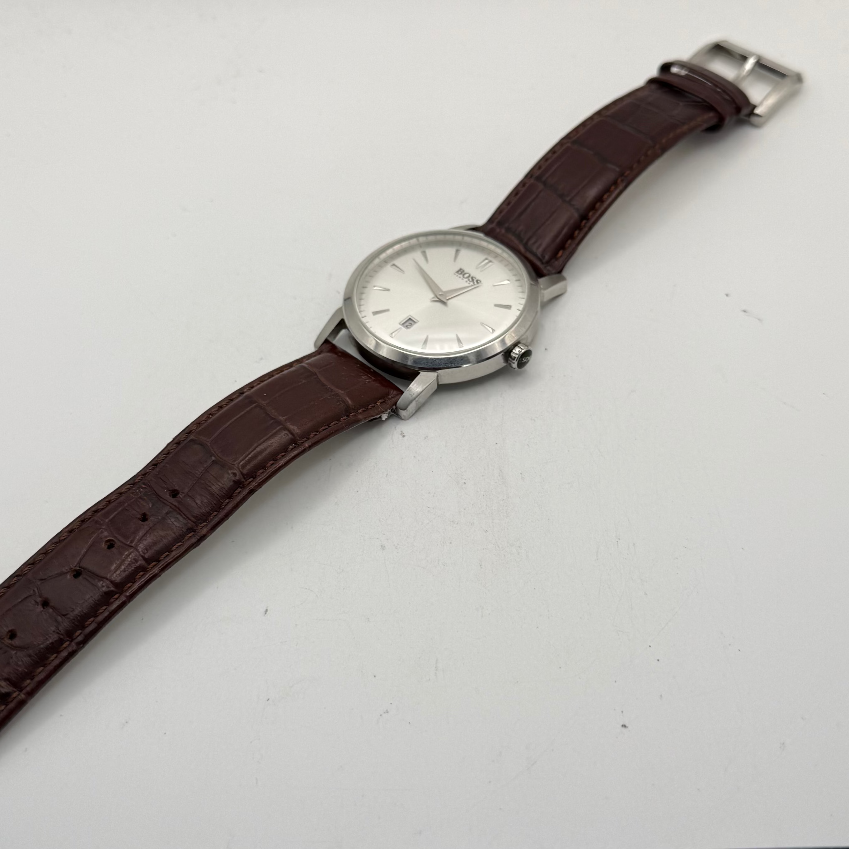 Hugo Boss Men's Silver Dial Date Leather Strap Watch 43mm (Fully Tested and Working)- £30.00