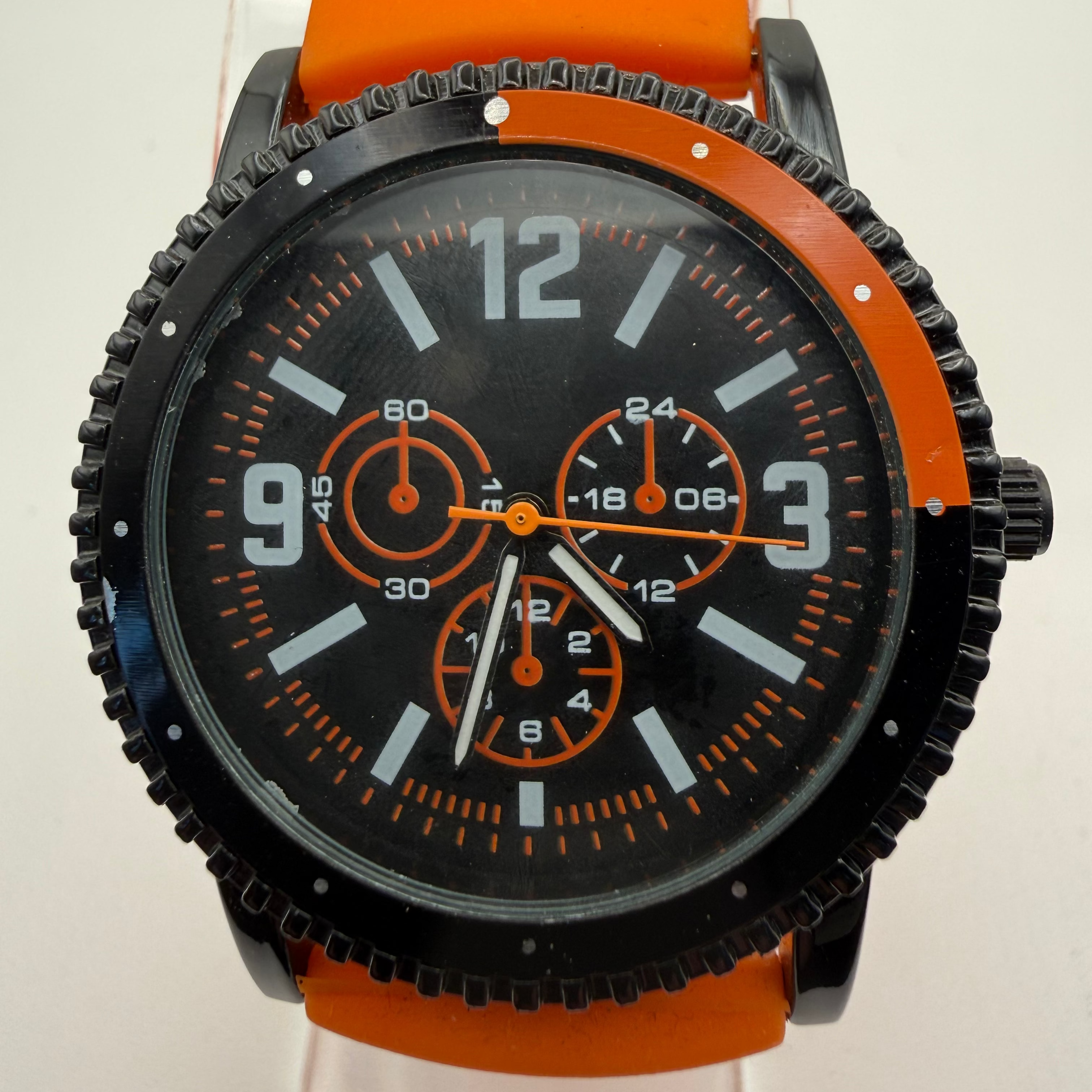 George Men’s Fashion Watch – Black Dial Orange Detail – Brown Strap- £4.99