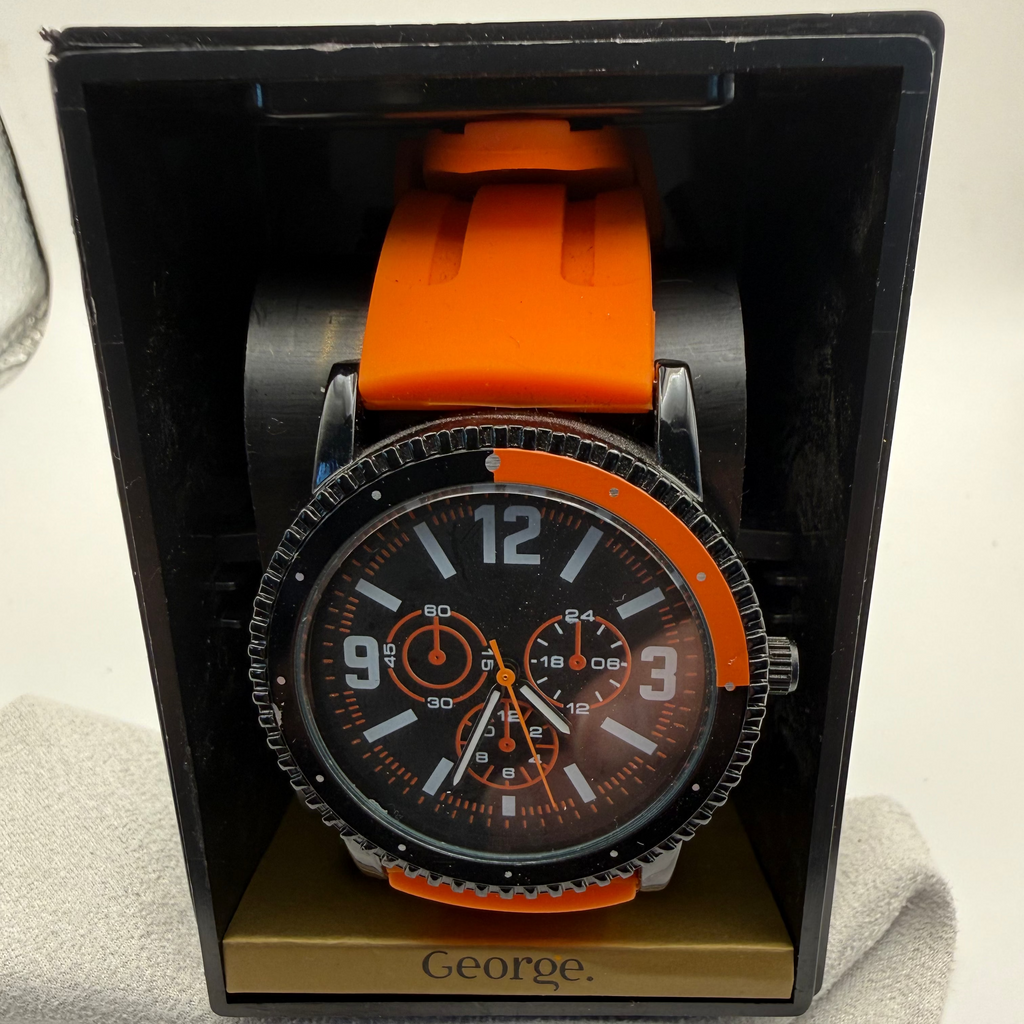 George Men’s Fashion Watch – Black Dial Orange Detail – Brown Strap- £4.99