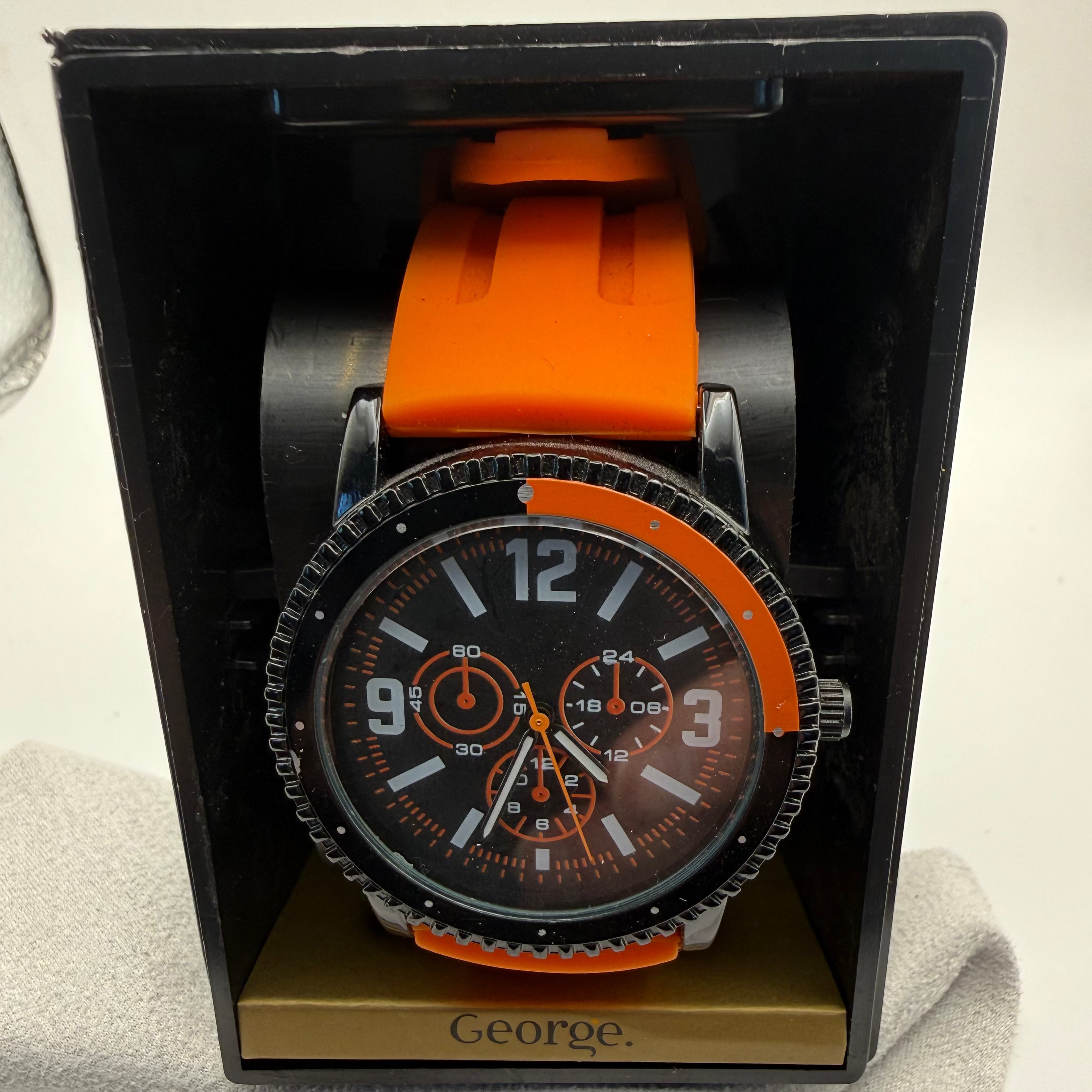 George Men’s Fashion Watch – Black Dial Orange Detail – Brown Strap- £4.99