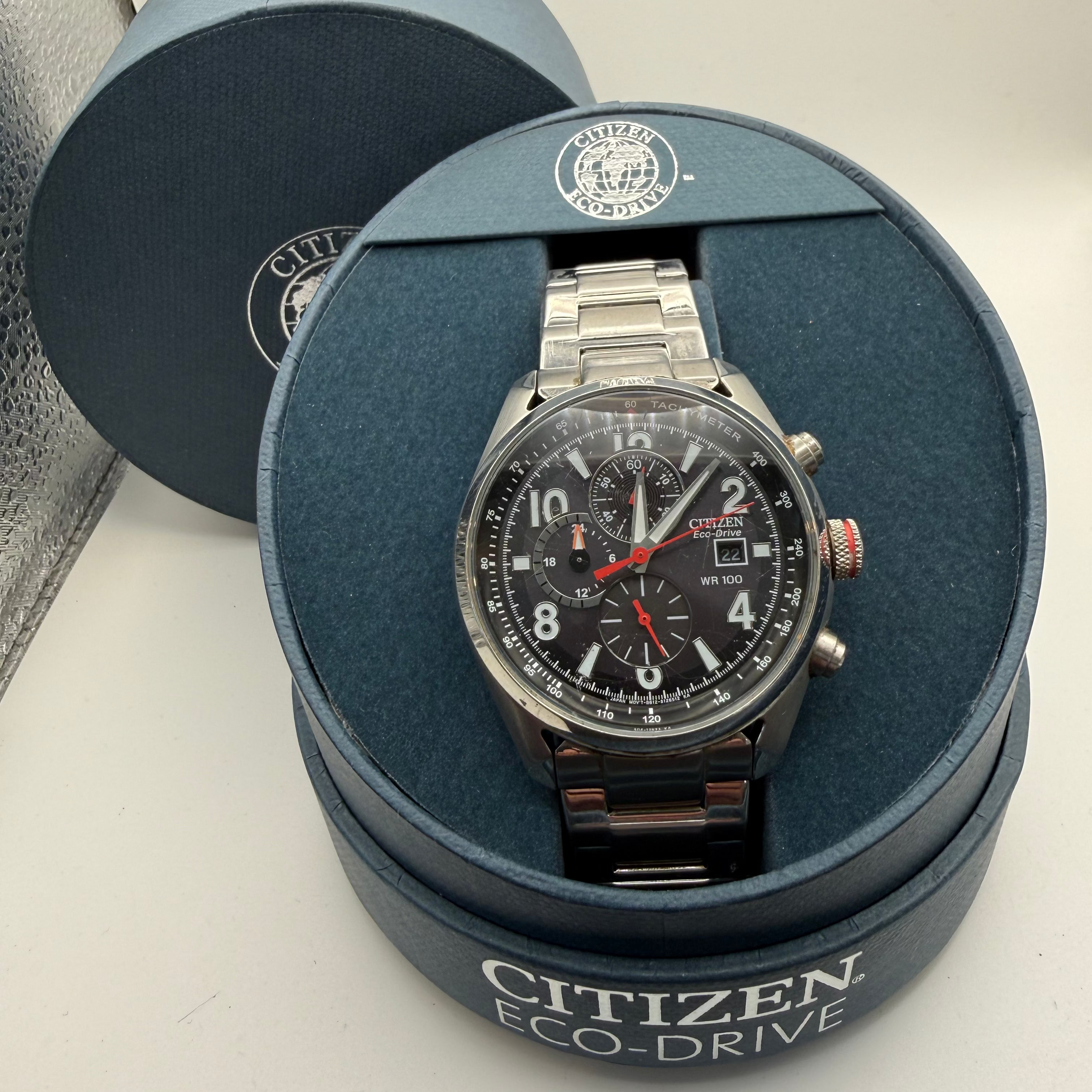 Citizen Eco-Drive Chronograph WR100 Black Dial Stainless Steel Men’s Watch- £139.95