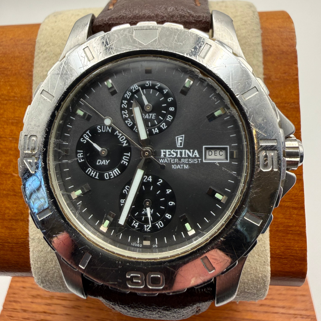 Festina Multi-Function Day Date 10ATM – Black Dial – Leather Strap- £39.95