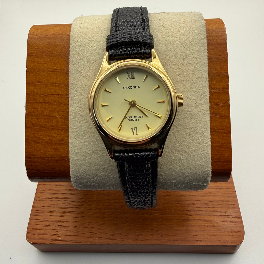 Sekonda Ladies Quartz Watch with Box – Gold Tone Cream Dial Black Strap- £14.99