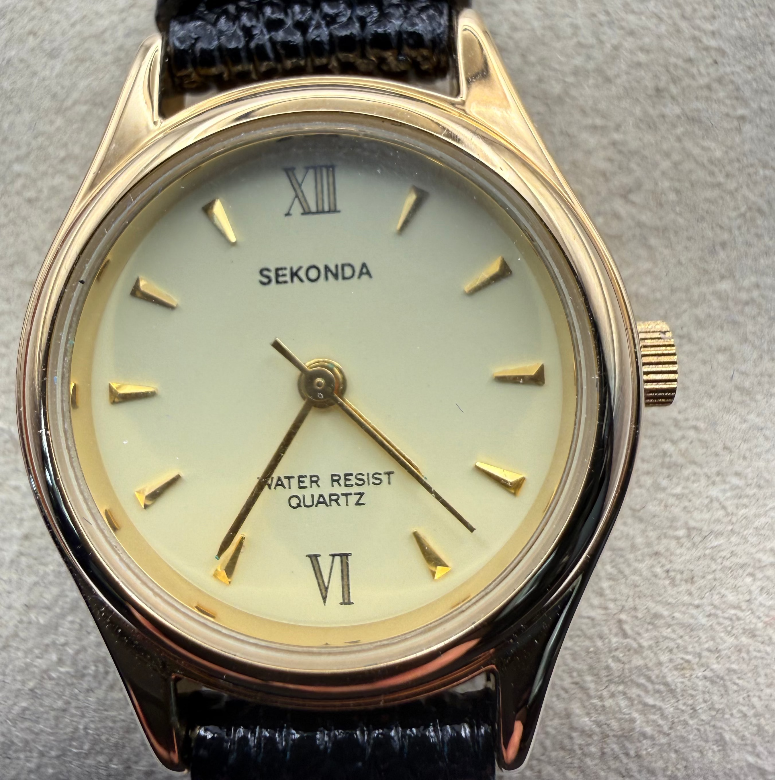 Sekonda Ladies Quartz Watch with Box – Gold Tone Cream Dial Black Strap- £14.99