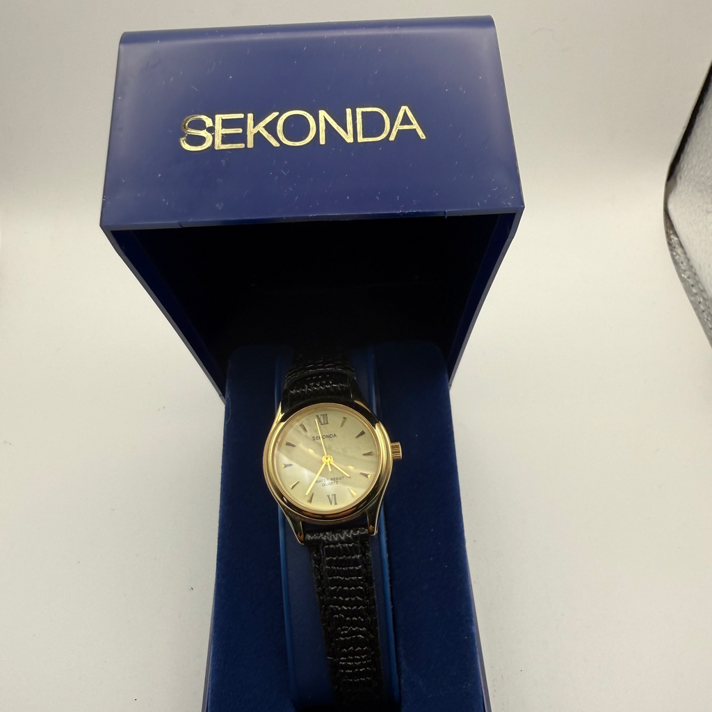 Sekonda Ladies Quartz Watch with Box – Gold Tone Cream Dial Black Strap- £14.99