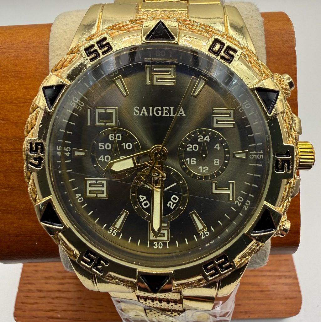 SAIGELA Gold Tone Fashion Watch Black Dial New In Gift Box- £7.99