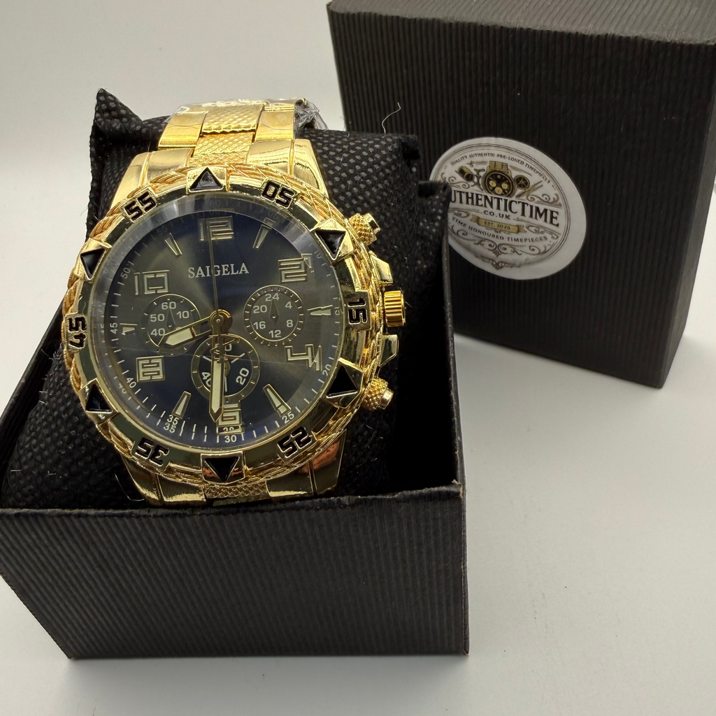 SAIGELA Gold Tone Fashion Watch Black Dial New In Gift Box- £7.99