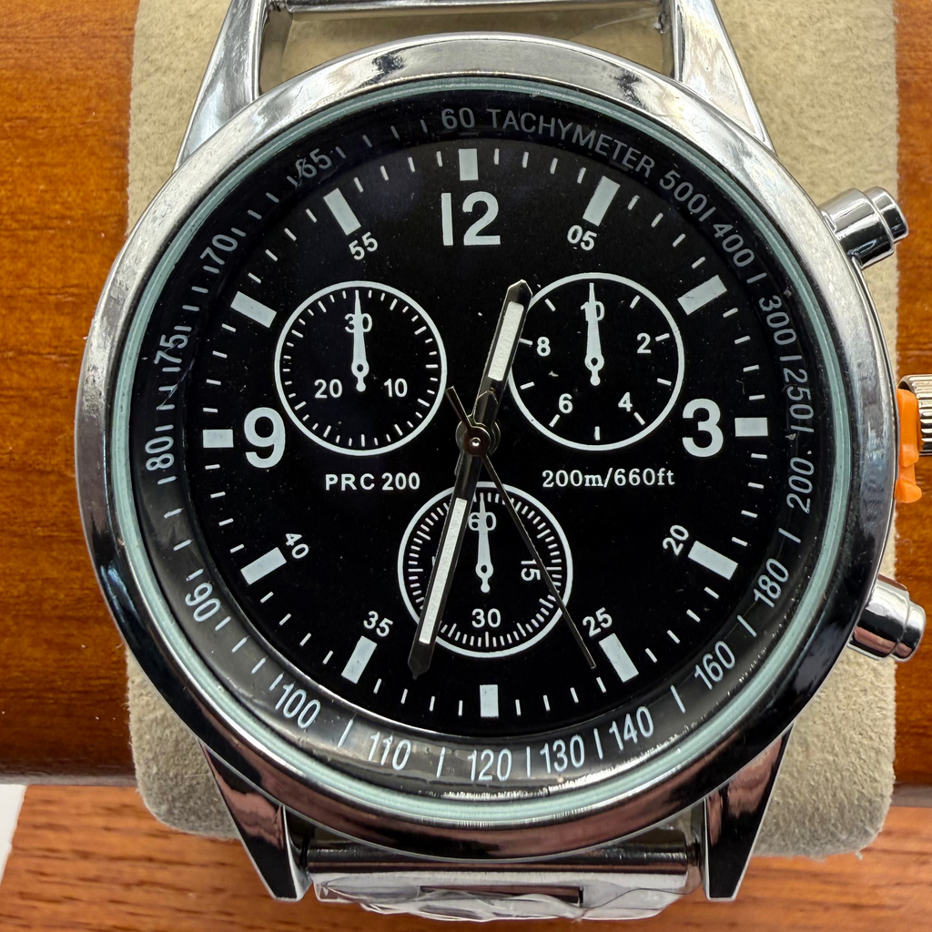 Unbranded PRC 200 Style Chronograph Watch – Black Dial – Silver Tone Bracelet- £15.99