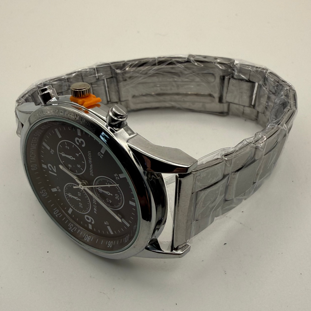 Unbranded PRC 200 Style Chronograph Watch – Black Dial – Silver Tone Bracelet- £15.99
