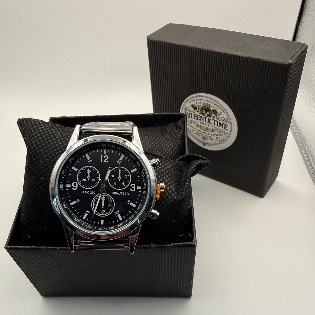 Unbranded PRC 200 Style Chronograph Watch – Black Dial – Silver Tone Bracelet- £15.99
