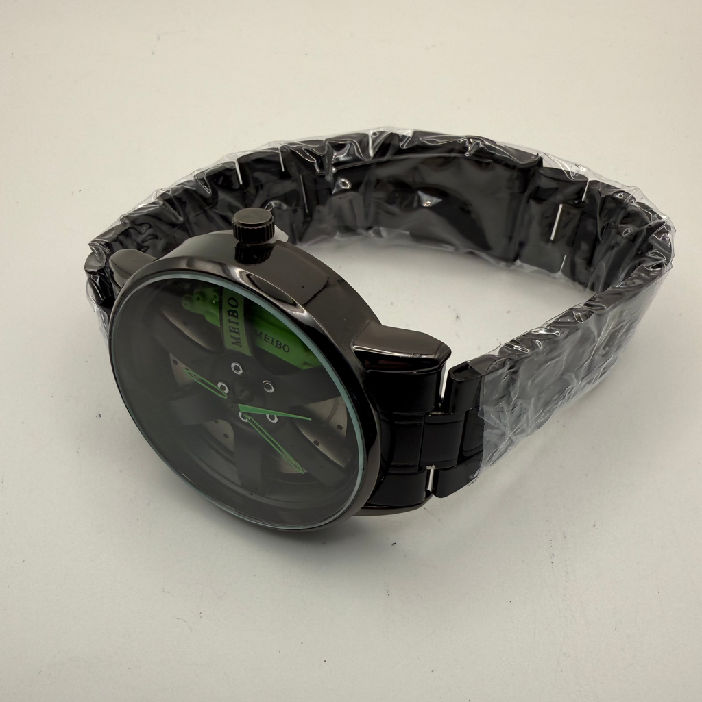 MEIBO Alloy Wheel Design Watch Black & Green – New In Box Statement Timepiece- £24.99