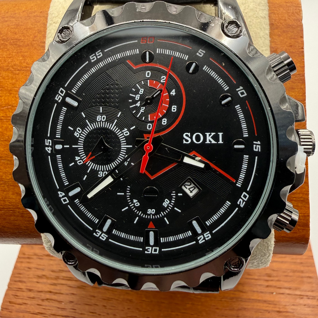 SOKI Black & Red Multi Dial Quartz Watch – Date – New- £24.99
