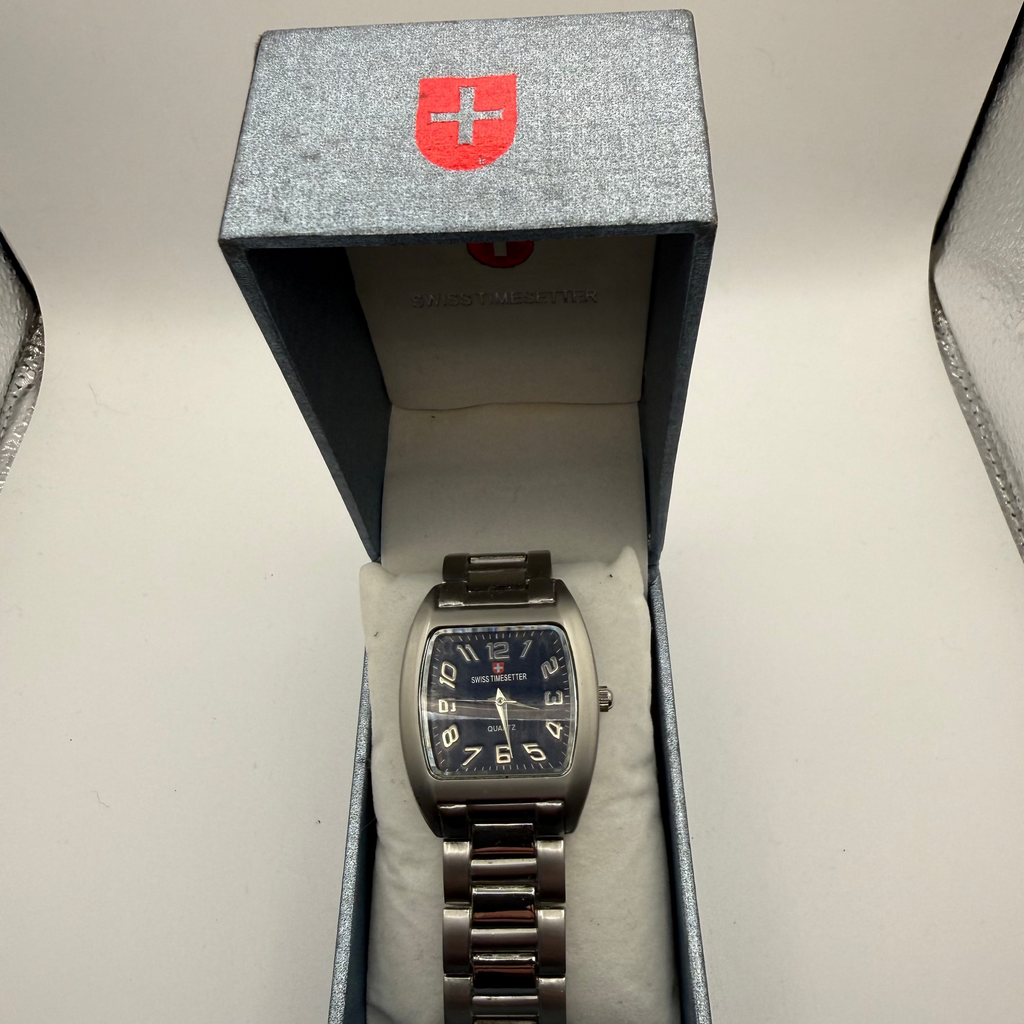 Swiss Timesetter Quartz Tonneau Watch – Blue Dial – Stainless Steel Bracelet – Boxed- £29.99