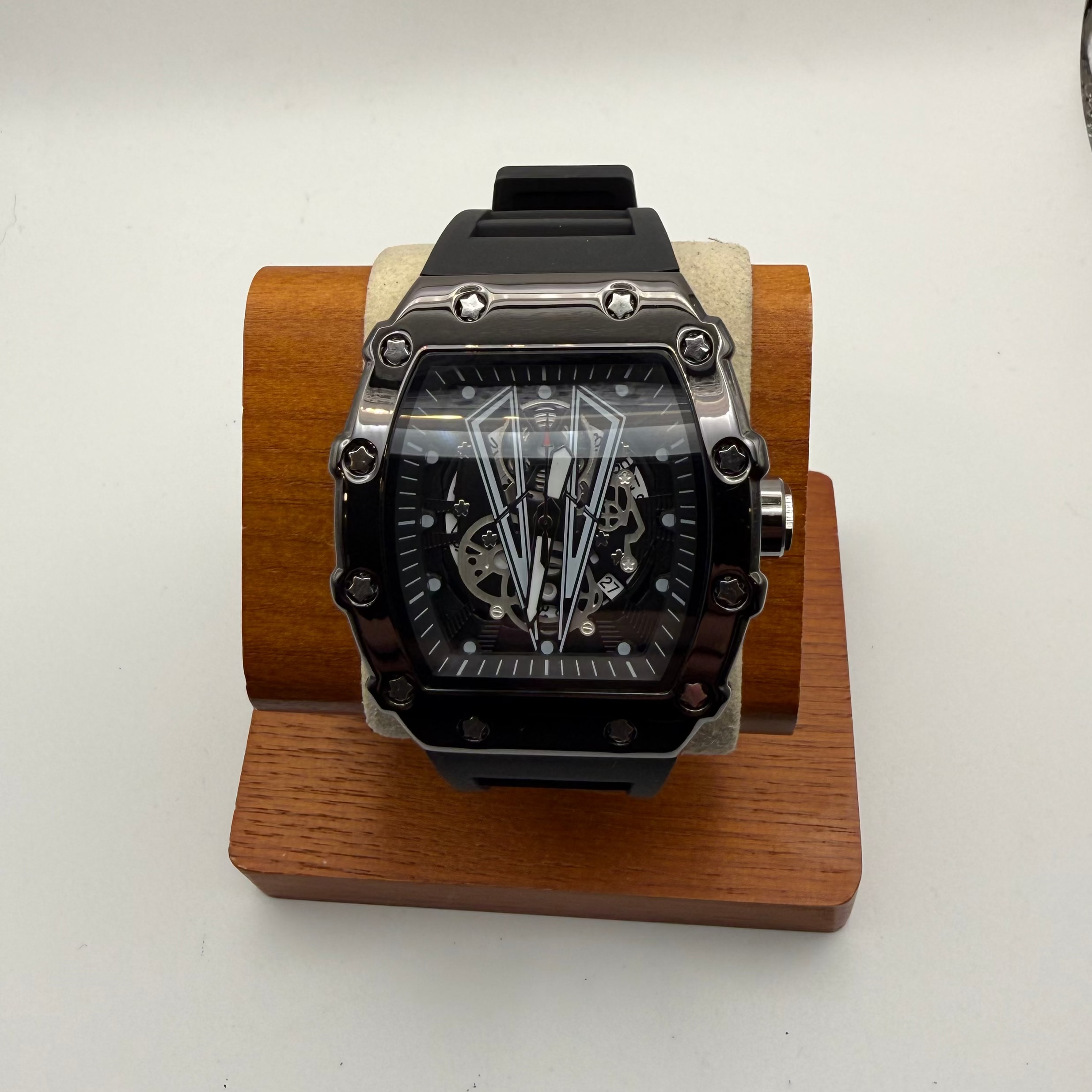WLISTH Skeleton Dial Tonneau Watch Black Silicone Strap New In Box- £39.99
