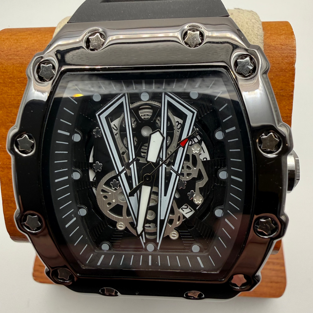 WLISTH Skeleton Dial Tonneau Watch Black Silicone Strap New In Box- £39.99
